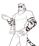  1boy animal_ears arknights bag bara contrapposto facial_hair feet_out_of_frame furry furry_male goatee greyscale hand_on_own_hip handbag highres large_hands limp_wrist_(meme) male_focus meme monochrome mountain_(arknights) muscular muscular_male octo_poosi scar scar_across_eye scar_on_arm short_hair solo standing sunglasses thick_eyebrows tiger_boy tiger_ears white_hair yassification_(meme) 