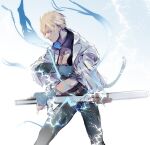  1boy abs belt black_pants black_shirt blonde_hair blue_eyes blue_gloves brown_belt collared_jacket collared_shirt commentary drawing_sword fingerless_gloves gloves guilty_gear guilty_gear_strive hand_on_own_arm holding holding_sword holding_weapon jacket ky_kiske lightning long_sleeves looking_down open_clothes open_shirt pants ranko_no_ane sheath shirt short_hair sword v-shaped_eyebrows weapon white_jacket wide_sleeves 