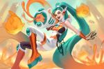  1girl :d bare_shoulders boots breasts detached_sleeves fangs green_hair high_heels holding holding_weapon jinx_(league_of_legends) league_of_legends long_hair looking_at_viewer medium_breasts multicolored_background multicolored_pants multicolored_shirt orange_eyes orange_hair outstretched_arm paint pants smile sparkle teeth unfinished upper_teeth_only vatheja very_long_hair weapon white_pants 