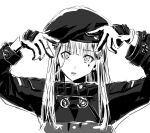  1girl chika_(keiin) commentary_request cross_hair_ornament double_w girls&#039;_frontline gloves greyscale hair_ornament hk416_(girls&#039;_frontline) long_hair long_sleeves monochrome oshi_no_ko parted_lips sidelocks simple_background solo teardrop_facial_mark teardrop_tattoo w white_background 