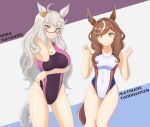  2girls ass_visible_through_thighs biwa_hayahide_(umamusume) breasts brown_hair character_name cleavage clenched_hands closed_mouth commentary_request competition_swimsuit groin hair_ornament hairclip highleg highres horse_girl large_breasts matikane_tannhauser_(umamusume) medium_breasts multiple_girls navel one-piece_swimsuit seppatsumaru smile swimsuit umamusume white_hair 