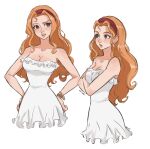  1girl absurdres bare_shoulders bracelet brown_eyes dress earrings eiriseth frilled_dress frills hairband hand_on_own_hip highres jewelry looking_to_the_side nami_(one_piece) one_piece orange_hair red_hairband simple_background solo strapless strapless_dress upper_body white_background white_dress 