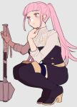  1girl ascot axe belt blush buttons closed_mouth do_m_kaeru fire_emblem fire_emblem:_three_houses garreg_mach_monastery_uniform grey_background hilda_valentine_goneril holding holding_axe holding_weapon long_hair looking_away pink_eyes pink_hair simple_background sleeves_rolled_up solo squatting twintails uniform weapon white_ascot yellow_belt 