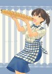  1girl absurdres alternate_costume apron black_hair blue_apron blue_bow blue_bowtie blue_skirt bow bowtie brown_eyes collared_shirt dress_shirt employee_uniform feet_out_of_frame gingham_apron highres hot_dog kaga_(kancolle) kantai_collection kobeya_uniform long_hair open_mouth pot-de shirt side_ponytail skirt solo striped striped_background teeth uniform upper_teeth_only white_shirt 