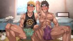  2boys armpit_hair armpits bara black_hair black_tank_top blonde_hair blue_eyes blush brown_male_underwear bulge closed_mouth erection erection_under_clothes facepaint forehead_protector green_male_underwear highres inuzuka_kiba large_pectorals male_focus male_underwear multiple_boys muscular muscular_male naruto naruto_(series) naruto_shippuuden navel nipples pectorals shiba_yuuji short_hair sitting smile tank_top teeth thighs underwear uzumaki_naruto 