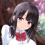  1girl black_hair black_jacket blunt_bangs blush bow bowtie breasts cherry_blossoms chinese_commentary close-up clothes_down collared_shirt commentary_request grass highres jacket large_breasts looking_at_viewer medium_hair original outdoors purple_eyes red_bow red_bowtie shirt side_ponytail smile solo tree under_tree uniform upper_body white_shirt youlancangkong 