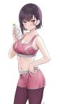  1girl bare_arms bare_shoulders blush bottle breasts cleavage closed_mouth cowboy_shot crossed_bangs drawstring expressionless hair_between_eyes hair_ornament hairclip highres holding holding_bottle kaetzchen large_breasts leggings_under_shorts looking_at_viewer midriff mikazuki_shizuka navel pink_shorts pink_sports_bra purple_eyes short_hair shorts simple_background solo sports_bra sweatdrop water_bottle white_background zom_100:_zombie_ni_naru_made_ni_shitai_100_no_koto 