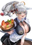  absurdres apron azur_lane black_skirt blue_eyes braid breasts dragon_girl dragon_horns earrings emblem fish grey_hair grey_horns hakuryuu_(azur_lane) hakuryuu_(slice_dice_and_serve)_(azur_lane) highres holding holding_plate horns jewelry large_breasts long_hair maid maid_headdress meal mole mole_on_breast necktie official_alternate_costume open_mouth pantyhose plate ponytail red_horns salad skirt sword sword_behind_back waist_apron weapon white_apron 