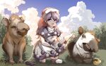  1girl absurdres baku_(creature) black_capelet blue_sky capelet chinese_commentary cloud commentary_request doremy_sweet dress full_body hat highres looking_at_viewer nightcap outdoors pom_pom_(clothes) purple_eyes purple_hair pzgr.40 red_headwear short_hair sky tail tapir tapir_tail touhou white_dress 