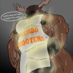  1:1 anthro bodily_fluids deer hi_res himbo_hooters hooters hooters_uniform huge_pecs male mammal moose moosedad_(largelurker) muscular muscular_anthro muscular_male musk new_world_deer ppandogg pubes solo sweat sweatdrop text 