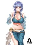  absurdres bikini blue_bikini blue_hair blue_sarong blush braid breasts brown_eyes cleavage crown_braid fire_emblem fire_emblem:_three_houses fire_emblem_heroes highres i_am_anddo jewelry large_breasts long_hair looking_at_viewer marianne_von_edmund marianne_von_edmund_(summer) navel official_alternate_costume open_mouth sarong see-through see-through_sleeves simple_background smile swimsuit white_background wide_hips 