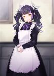  1girl absurdres alternate_costume apron black_dress black_hair blunt_bangs blurry blurry_background blush breasts closed_mouth commentary_request demon_girl demon_horns dress enmaided feet_out_of_frame frilled_apron frills head_tilt highres horns indoors juliet_sleeves kojo_anna long_hair long_sleeves looking_at_viewer maid maid_apron maid_headdress medium_bangs multicolored_hair nanashi_inc. neck_ribbon own_hands_together painting_(object) pointy_ears puffy_sleeves purple_hair purple_ribbon ribbon robou_no_stone small_breasts smile solo twintails two-tone_hair virtual_youtuber wall white_apron yellow_eyes 
