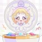  1girl :d blonde_hair blush brown_eyes commentary compact_(cosmetics) hand_mirror highres long_hair looking_at_viewer makihatayama_hana mirror ojamajo_doremi open_mouth portrait reflection smile solo symbol-only_commentary twintails white_background wing_hair_ornament yalmyu 