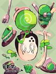  animal_focus cake cup food fork green_background green_theme hanabusaoekaki highres ice_cream leaf matcha_(food) mochi no_humans patterned_background pokemon pokemon_(creature) poltchageist simple_background smile sundae teacup 