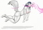  absurd_res anthro ashwolves5 blue_hair canid canine canis coyote female female/female fur grey_body grey_fur hair hi_res mammal musk musk_clouds nipples solo 