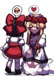  2girls aged_down black_hair blurry bow breasts child closed_eyes crying depth_of_field detached_sleeves facing_another facing_away flower frilled_shirt_collar frills full_body hair_bow hair_flower hair_ornament hakurei_reimu heart highres large_breasts long_sleeves multiple_girls open_mouth purple_tabard red_bow red_flower red_rose red_skirt red_vest rose seiza short_hair sitting skirt spoken_emoji spoken_heart standing tabard tohou89 touhou vest wide_sleeves yakumo_yukari 