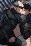  2boys after_kiss bed black_hair black_jacket black_pants black_shirt blindfold blindfold_lift blue_eyes blush clothes_lift commentary_request fushiguro_megumi fushirun_rung gojou_satoru green_eyes highres indoors jacket jujutsu_kaisen long_sleeves looking_at_viewer male_focus multiple_boys navel pants saliva saliva_trail school_uniform shirt shirt_lift short_hair spiked_hair sweat tongue tongue_out undressing_another white_hair yaoi 