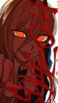 1girl absurdres black_necktie blood blood_on_face blood_on_hands blood_writing blue_jacket brown_hair chainsaw_man character_name collared_shirt cross-shaped_pupils hair_between_eyes haru_rice highres horns jacket long_hair looking_at_viewer necktie open_mouth orange_eyes power_(chainsaw_man) red_horns sharp_teeth shirt simple_background solo symbol-shaped_pupils teeth tongue tongue_out white_background 