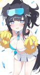  1girl animal_ears bare_shoulders black_hair blue_archive blue_eyes blush bow breasts cheerleader cleavage collarbone confetti cowboy_shot crop_top dog_ears dog_girl dog_tail eyewear_on_head goggles goggles_on_head halo hibiki_(blue_archive) hibiki_(cheer_squad)_(blue_archive) highres inuyama_nanami leaning_forward long_hair looking_at_viewer miniskirt navel official_alternate_costume open_mouth pom_pom_(cheerleading) ponytail sidelocks simple_background skirt smile solo standing star_sticker sweat tail white_background white_skirt yellow_halo 