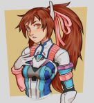  1girl breasts brown_eyes brown_hair commentary ear_covers effy_neprin english_commentary gloves hair_ribbon high_ponytail highres long_hair looking_at_viewer medium_breasts open_mouth pink_ribbon ponytail ribbon saionji_reimi simple_background sketch solo star_ocean star_ocean_the_last_hope upper_body white_gloves 