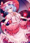  1girl ;o absurdres bat_(animal) bat_wings blue_hair blush center_frills collared_shirt fang fang_out frilled_shirt frilled_shirt_collar frilled_sleeves frills gradient_background hair_between_eyes hat hat_ribbon highres kirisaki_shuusei layered_skirt lolita_fashion looking_at_viewer mob_cap one_eye_closed pink_headwear pink_skirt pink_theme print_skirt puffy_short_sleeves puffy_sleeves red_background red_eyes red_ribbon remilia_scarlet ribbon ribbon-trimmed_headwear ribbon_trim shirt short_hair short_sleeves skirt skirt_hold sleeve_ribbon solo touhou wings 