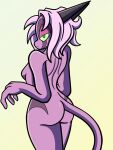  anthro butt dreamkeepers female gradient_background hair hi_res horn lizard looking_at_viewer looking_back looking_back_at_viewer namah_calah pink_body pink_hair rear_view reptile scalie simple_background solo tail thelordoflemonz 