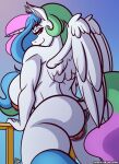  anthro big_breasts big_butt breasts butt equid equine feathers friendship_is_magic genitals hasbro hi_res horn looking_at_viewer looking_back looking_back_at_viewer mammal my_little_pony nipples princess_celestia_(mlp) pussy sketchybug solo white_body white_feathers winged_unicorn wings 