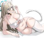  1girl :d absurdres animal_ears asuna_(blue_archive) bell black_collar blonde_hair blue_archive blue_eyes blue_nails bra breasts cat_cutout cat_ears cat_lingerie cat_tail clothing_cutout collar dlnk fake_animal_ears fang hairband halo highres jingle_bell large_breasts long_hair lying meme_attire mole mole_on_breast navel neck_bell on_side panties paw_pose skindentation smile solo stomach tail thighhighs thighs underwear very_long_hair white_bra white_hairband white_panties white_thighhighs 