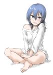  1girl :d bare_legs barefoot between_legs black_eyes blue_hair blush breasts collarbone crossed_ankles elf_(stroll_in_the_woods) feet hair_between_eyes hand_between_legs highres long_hair no_pants off_shoulder open_mouth raised_eyebrows shirt sidelocks simple_background single_bare_shoulder sitting small_breasts smile solo suzugamori_chika textless_version toes white_background white_shirt zatsu_tabi 