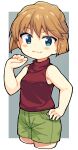  1girl bachera bare_arms bare_shoulders blue_eyes blush breasts brown_hair closed_mouth commentary_request cropped_legs green_shorts grey_background haibara_ai hand_on_own_hip hand_up highres looking_at_viewer meitantei_conan red_shirt shirt short_hair short_shorts shorts sleeveless sleeveless_shirt small_breasts smile solo two-tone_background white_background 