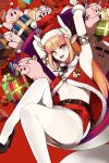  1girl alternate_costume animal armlet armpits belt belt_buckle black_belt black_footwear blonde_hair box buckle christmas circe_(fate) commentary english_commentary fate/grand_order fate_(series) fur-trimmed_gloves fur-trimmed_headwear fur-trimmed_skirt fur_trim gift gift_box gloves hat highres holding holding_gift long_hair looking_at_viewer midriff monkey_jon multicolored_hair open_mouth pig pink_eyes pink_hair pointy_ears red_gloves red_headwear red_skirt santa_hat shoes skirt smile thighhighs thighs white_thighhighs wing_hair_ornament 