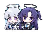  2girls black_jacket blue_archive blue_necktie grey_hair halo jacket looking_at_viewer lowres multiple_girls necktie noa_(blue_archive) purple_eyes purple_hair shirt simple_background white_background white_jacket white_shirt yukki_bunny yuuka_(blue_archive) 