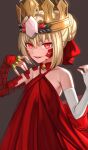  1girl ahoge bare_shoulders blonde_hair braid breasts crown dress elbow_gloves facial_mark fate/grand_order fate_(series) fingerless_gloves french_braid gloves hair_bun hair_intakes hair_ribbon highres long_hair looking_at_viewer nero_claudius_(fate) open_mouth queen_draco_(fate) red_dress red_eyes red_ribbon ribbon scales shinsaku_(stan-art) single_glove small_breasts smile solo white_gloves 