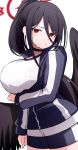  1girl black_choker black_hair black_shorts black_wings blue_archive blush breasts choker closed_mouth cowboy_shot feathered_wings gym_shirt gym_uniform halo hasumi_(blue_archive) hasumi_(track)_(blue_archive) highres huge_breasts jacket large_breasts long_hair long_sleeves looking_at_viewer mole mole_under_eye official_alternate_costume red_eyes red_halo shirt shorts simple_background solo track_jacket white_background white_shirt wings yun_(kbdenz9) 