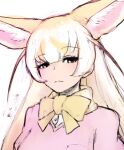  1girl animal_ear_fluff animal_ears black_eyes blonde_hair bow bowtie cardigan closed_mouth extra_ears fennec_(kemono_friends) ise_(0425) kemono_friends long_hair looking_at_viewer pink_cardigan shirt simple_background solo straight_hair upper_body white_shirt yellow_bow yellow_bowtie 