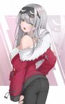  1girl absurdres bare_shoulders black_pantyhose frima_(nikke) from_behind fur_collar goddess_of_victory:_nikke grey_hair hairu_821 highres jacket long_hair looking_at_viewer looking_back off_shoulder open_mouth pants pantyhose red_jacket shirt sleep_mask torn_clothes torn_pants white_shirt yellow_eyes zoom_layer 