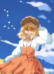  2023 absurd_res anthro blonde_hair blue_sky clothed clothing cloud dated dress famir_(artist) felid female front_view fur green_eyes hair hat headgear headwear hi_res leaf looking_at_viewer mammal mouth_closed orange_body orange_clothing orange_dress orange_fur outside portrait red_nose signature sky solo straw_hat three-quarter_portrait topwear wearing_hat white_body white_clothing white_fur white_topwear 