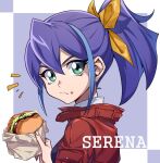  1girl bow burger character_name closed_mouth food food_on_face from_side green_eyes hair_between_eyes hair_bow holding holding_food jacket looking_at_viewer open_clothes open_jacket pira_811 ponytail purple_hair red_jacket serena_(yu-gi-oh!) simple_background solo upper_body yellow_bow yu-gi-oh! yu-gi-oh!_arc-v 