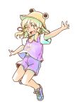  1girl :d adapted_costume animal_print arms_up bare_arms bare_legs blonde_hair blush commentary_request flat_chest frog_print full_body happy hat long_hair looking_at_viewer moriya_suwako open_mouth petite purple_vest rangycrow shorts simple_background smile solo touhou vest white_background |_| 