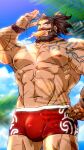  1boy abs absurdres bara beach beard blue_sky brown_hair bulge character_request copyright_request facial_hair feet_out_of_frame forked_eyebrows hand_up heaven_and_earth_tribulation high_ponytail highres konohanaya large_pectorals long_mustache looking_at_viewer male_focus male_swimwear mature_male muscular muscular_male navel nipples pectorals red_male_swimwear short_hair shoulder_tattoo sky solo sunlight swim_briefs tattoo thick_eyebrows thick_thighs thighs wet 