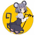  1girl animal_ears asameshi black_skirt black_vest blush_stickers cowboy_shot dowsing_rod grey_eyes grey_hair holding long_sleeves looking_at_viewer looking_back medium_hair mouse_ears mouse_tail nazrin shirt skirt solo tail touhou vest white_background white_shirt yellow_background 