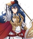  1girl absurdres armor blue_eyes blue_hair breastplate cape feather_trim feathers fire_emblem fire_emblem_awakening fire_emblem_heroes highres holding holding_polearm holding_shield holding_weapon long_hair looking_at_viewer lucina_(brave_princess)_(fire_emblem) lucina_(brave_princess)_(resplendent)_(fire_emblem) lucina_(fire_emblem) official_alternate_costume parted_lips polearm puffy_sleeves red_cape shield shoulder_armor sierra117renner solo teeth v-shaped_eyebrows weapon white_background wing_hair_ornament 