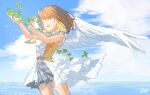  1girl angel_wings bare_arms blue_sky brown_hair buttons closed_eyes cloud cloudy_sky clover collared_shirt colored_inner_hair commentary_request cowboy_shot cupping_hands day facing_viewer feathered_wings floating_hair grey_skirt hair_ornament hanasato_minori hands_up happy heart heart_hair_ornament highres horizon laughing light_blush light_particles medium_hair multicolored_hair open_mouth orange_vest outdoors own_hands_together plaid plaid_skirt pleated_skirt project_sekai qunqingyue shirt skirt sky solo sunlight swept_bangs teeth two-tone_vest upper_teeth_only vest waist_cape water white_shirt white_vest white_wings wing_collar wing_hair_ornament wings 