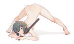  1girl androgynous blush colt_1851_navy completely_nude embarrassed feet green_eyes green_hair gun highres holding holding_gun holding_weapon jack-o&#039;_challenge kino_(kino_no_tabi) kino_no_tabi kokuya28 looking_at_viewer nude revolver short_hair solo sweatdrop top-down_bottom-up weapon white_background 