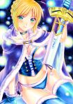  1girl adapted_costume ahoge artoria_pendragon_(fate) bikini bikini_bottom_only blonde_hair blue_bikini blue_choker blue_cloak blue_gloves blue_thighhighs blush braid breasts choker cleavage cloak commentary_request crop_top excalibur_(fate/stay_night) fate/stay_night fate_(series) fur-trimmed_bikini fur-trimmed_cloak fur-trimmed_gloves fur-trimmed_thighhighs fur_trim gloves green_eyes hachi78b highres holding holding_sword holding_weapon looking_at_viewer marker_(medium) medium_breasts pom_pom_(clothes) saber side-tie_bikini_bottom sitting smile solo swimsuit sword thigh_gap thighhighs traditional_media weapon 