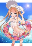  1girl :d abigail_williams_(fate) abigail_williams_(swimsuit_foreigner)_(fate) arm_up bare_arms bare_shoulders bikini blue_sky bonnet bow brown_hair cloud commentary_request day fate/grand_order fate_(series) forehead frilled_bikini frills heart highres innertube long_hair moyashi_(momoyashi_321) navel parted_bangs sky smile solo strapless strapless_bikini sun swimsuit very_long_hair water white_bikini white_bow white_headwear 