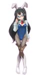  1girl adapted_costume animal_ears black_hair blue_eyes bobabo breasts fake_animal_ears full_body glasses highres kantai_collection long_hair necktie ooyodo_(kancolle) playboy_bunny red_tie small_breasts thighhighs very_long_hair white_thighhighs 