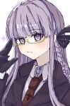  1girl bespectacled black_gloves black_jacket black_ribbon blunt_bangs braid brown_necktie closed_mouth collared_shirt danganronpa:_trigger_happy_havoc danganronpa_(series) glasses gloves grey_hair grey_shirt hair_ribbon hand_up jacket kirigiri_kyoko koma_(uuur66) long_hair necktie ribbon shirt side_braid simple_background solo white_background 