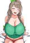  1girl bangs bow braid breasts bush cleavage closed_eyes collarbone commentary english_commentary green_bow grey_hair hair_bow hair_ornament highres huge_breasts long_hair looking_at_viewer love_live! minami_kotori open_mouth sitting smile solo sweat twin_braids yua_(argaoffroad) 