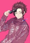  1boy blue_lock cowboy_shot green_eyes hand_up highres holding holding_eyewear itoshi_sae long_sleeves looking_at_viewer male_focus pink_background red_hair red_sweater short_hair simple_background sleeves_past_wrists sohu solo standing sunglasses sweater twitter_username 